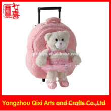 Girls trolley bag soft teddy bear pink color plush cute school trolley bag